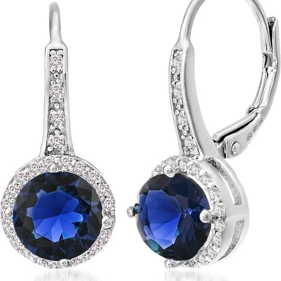 925 Sterling Silver Cubic Zirconia Halo Leverback Dangle Bridal Earrings for Wom - Picture 1 of 4